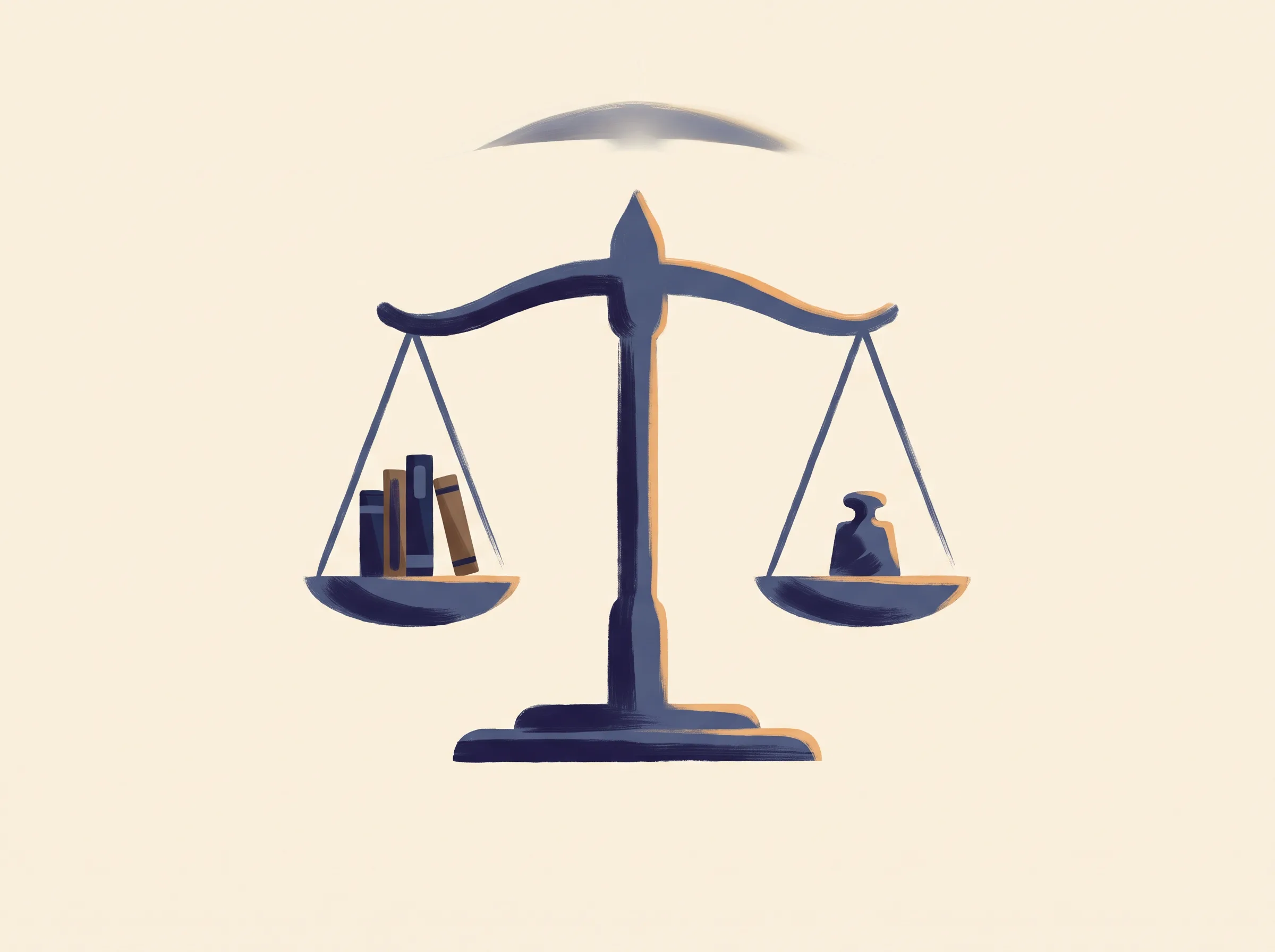 Illustration of justice scales, one side holding open books, the other a heavy stone weight, in indigo and amber tones — symbolizing the legal question of accommodation versus remediation.