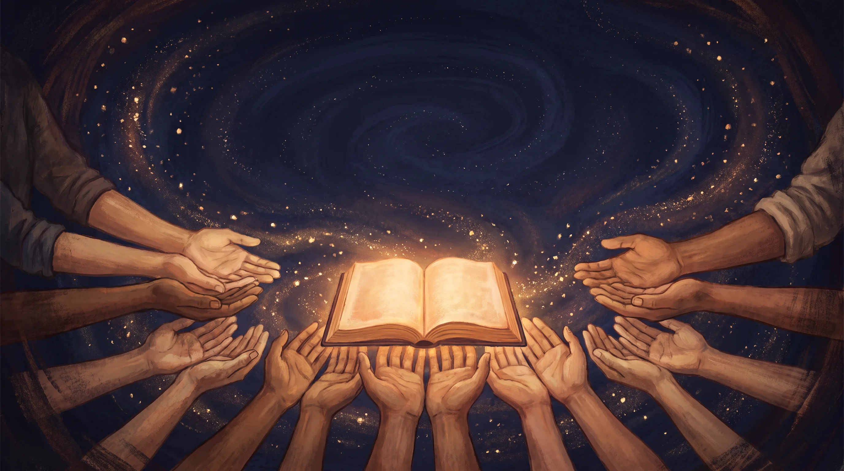 Illustration of many hands supporting a glowing open book beneath a deep indigo night sky filled with light particles — symbolizing community support for this family's legal fight.